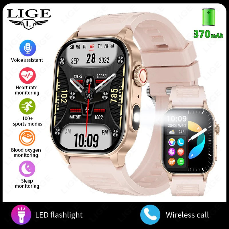 LIGE 2026 New Women Smart Watch Flashlight 2.01” HD Display AI Voice Bluetooth Call Sports Watches Health Monitor Smartwatch Men