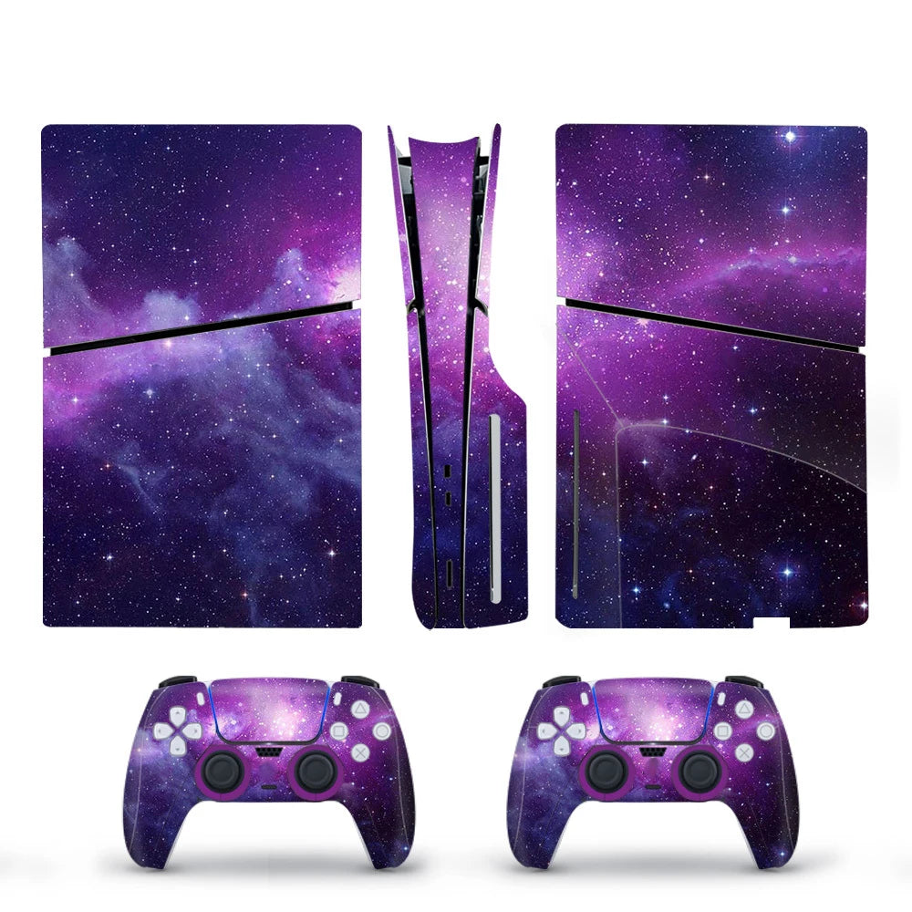 Vinyl Cover Skins for PS5 Slim Console 2PCS Galaxy Stickers Controller Wraps Set for PlayStation 5 Disc Edition Accessories