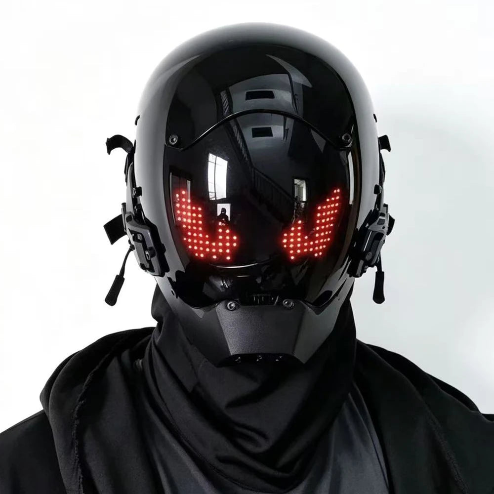 Máscara de casco LED de estilo cyberpunk con pantalla integrada, controlable mediante aplicación, diseño tecnológico de cobertura total para Halloween, fiestas de disfraces, festivales de música.