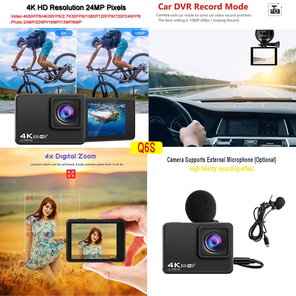 Cámara de Acción Q6S Ultra HD 4K/60fps 24MP WiFi 2 "IPS Screen170D bajo el agua 30M antivibración con lente Sony 386, cámara de vídeo para casco