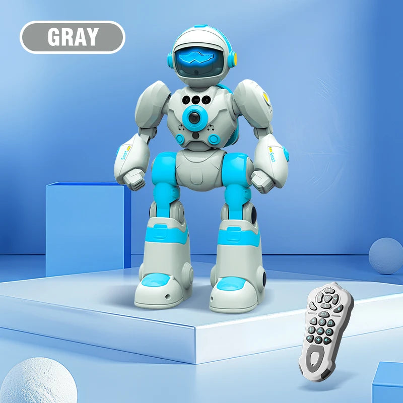 Robot gris y blanco con mando a distancia incluido, visor con luz y patas anchas
