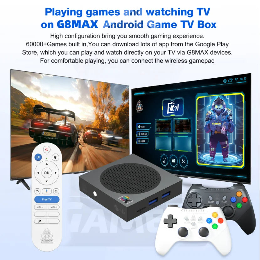 Consola de videojuegos Android TV G8, con procesador de cuatro núcleos, sistema dual, resolución 4K HD, velocidad de 100 Mbps, 60 000 juegos retro, 400 juegos de PSP, WiFi, Bluetooth, mando inalámbrico de 2,4 GHz.