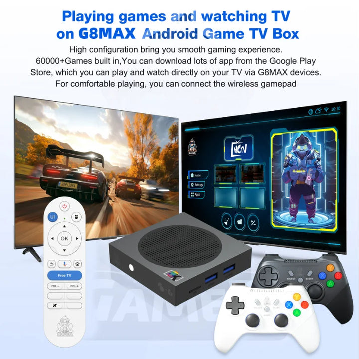 Consola de videojuegos Android TV G8, con procesador de cuatro núcleos, sistema dual, resolución 4K HD, velocidad de 100 Mbps, 60 000 juegos retro, 400 juegos de PSP, WiFi, Bluetooth, mando inalámbrico de 2,4 GHz.