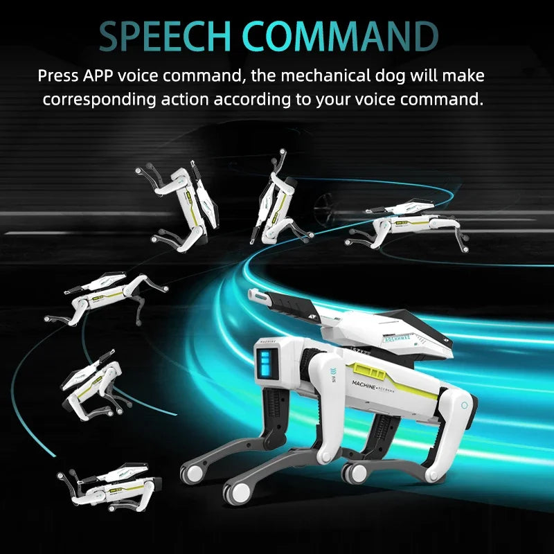 Perro robot RC blanco responde a comandos de voz, panel con pantalla azul