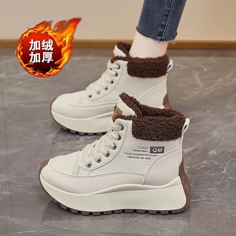 Botas de nieve tobilleras de suela gruesa de cuero para mujer, botas de algodón con cordones, gruesas, cálidas, impermeables, antideslizantes, de invierno
