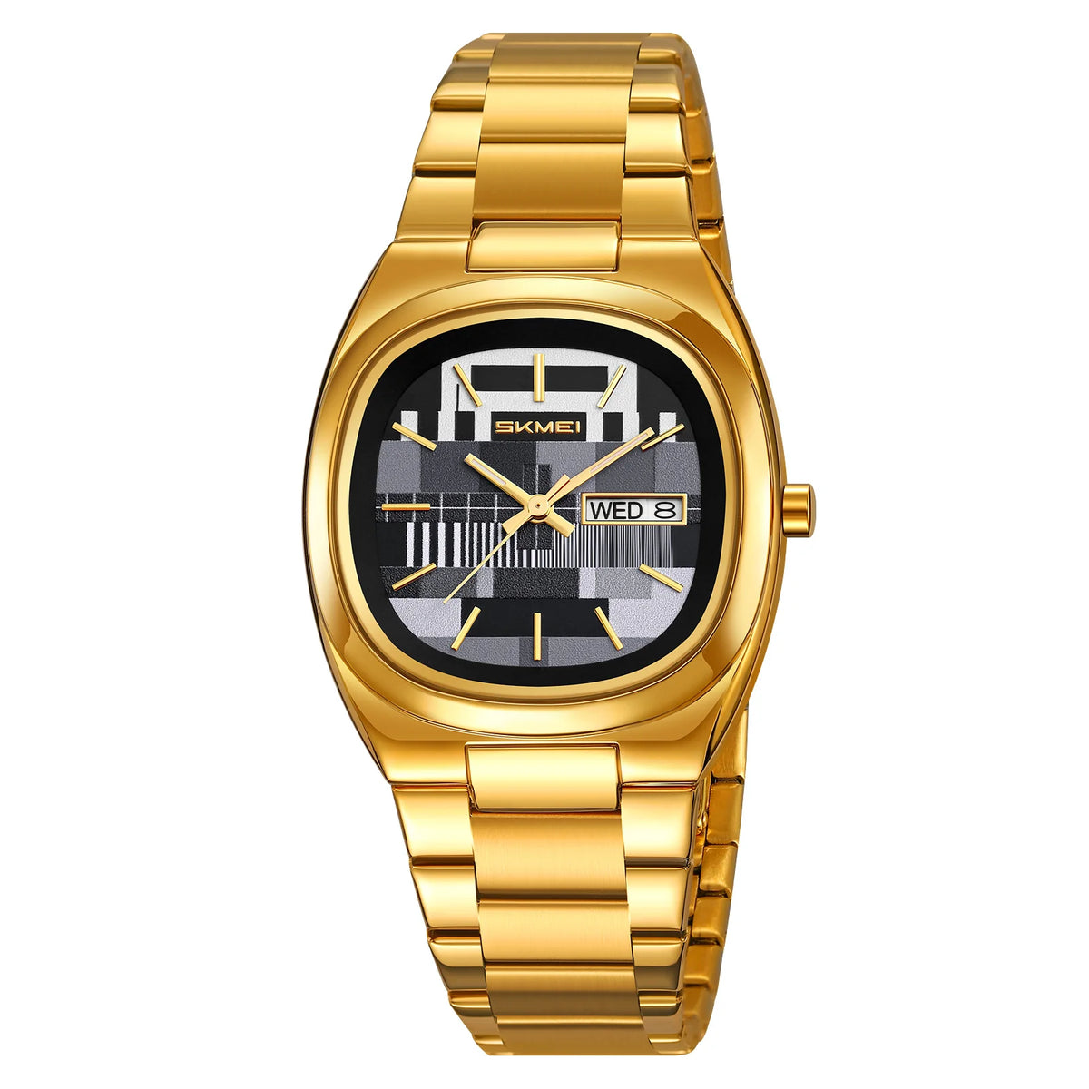 Reloj SKMEI retro para hombre, sencillo, dorado, caja ovalada, esfera con patrón de prueba de TV, correa de acero inoxidable, hora, semana, fecha, resistente al agua 30M, 9375