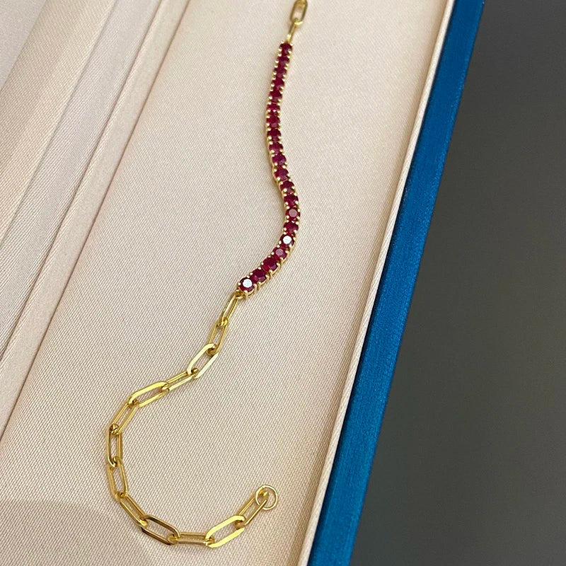 Aazuo, joyería fina, oro amarillo de 18 quilates, rubí natural, pulsera clásica con líneas de tenis para mujer, elegante y moderna, para fiesta de compromiso
