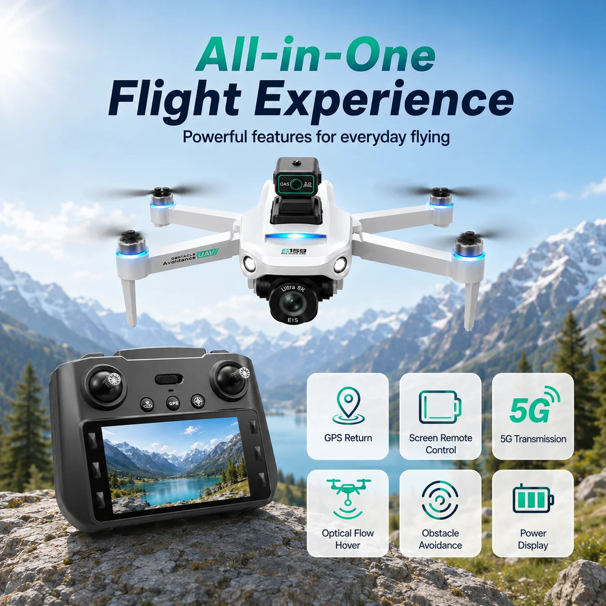 Drone blanco con 4 hélices y control remoto negro con pantalla, vista frontal