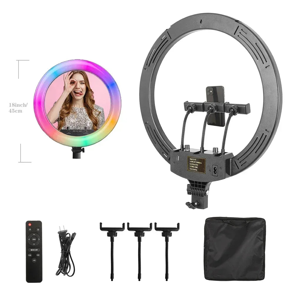 Anillo de Luz LED RGB para Selfies con Trípode, 11 Estilos, 18 Pulgadas (45 cm), Recargable por USB, Regulable, para Estudio Fotográfico