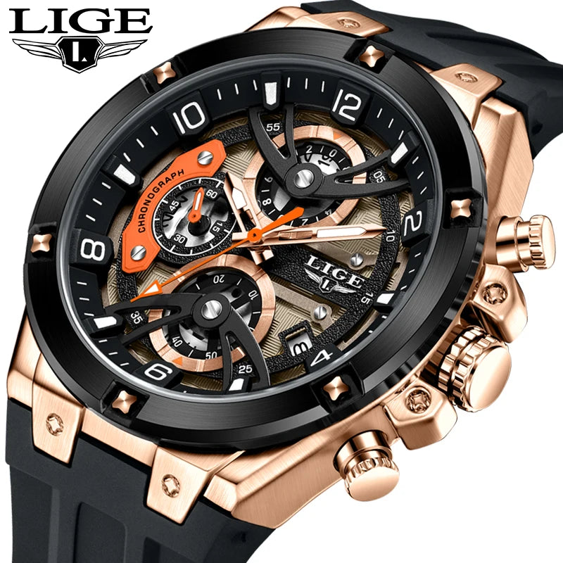 Reloj deportivo LIGE para hombre, de marca de lujo, con correa de silicona, cronógrafo, función de esfera pequeña, reloj de pulsera de cuarzo, resistente al agua y luminoso