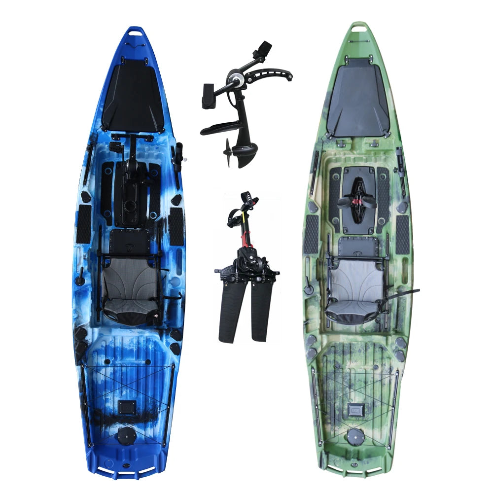 Kayak Factory - Kayak de 13 pies con Pedales Dobles de Rotomoldeo, Motor Eléctrico para Pesca, Timón Plegable y Asiento con Altura Ajustable