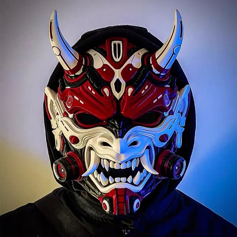 Máscara Genérica de Demonio Oni Cyberpunk para Disfraz de Halloween, Accesorio de Cosplay, Máscara Hannya de Samurai Roja, Blanca y Negra para Fiesta