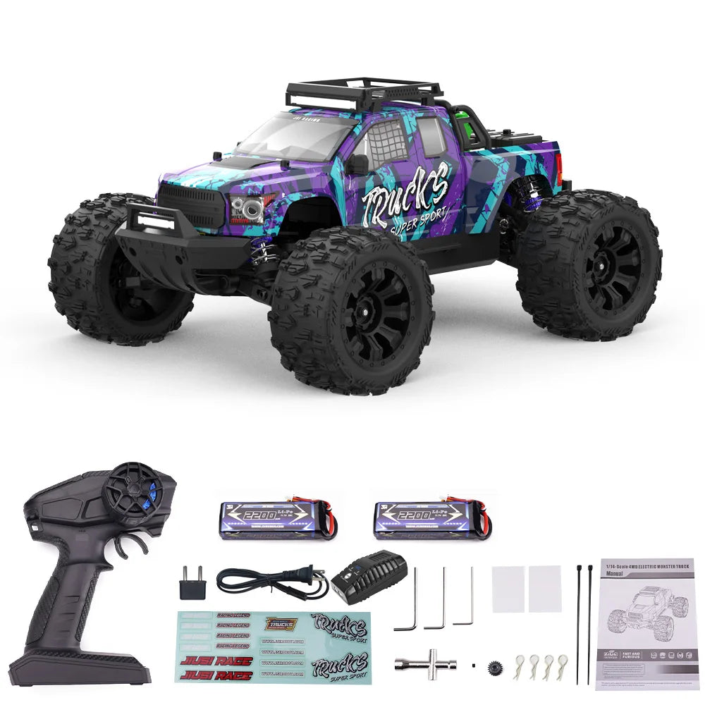 Camioneta RC todoterreno morada con control remoto y tres baterías