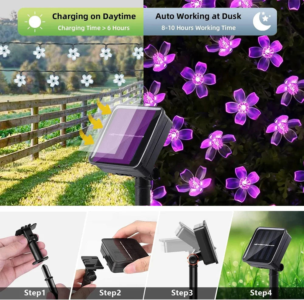 Guirnalda de luces LED solares para exteriores, flores de cerezo, 8 modos de iluminación, lámpara solar para camping, bodas y decoración navideña