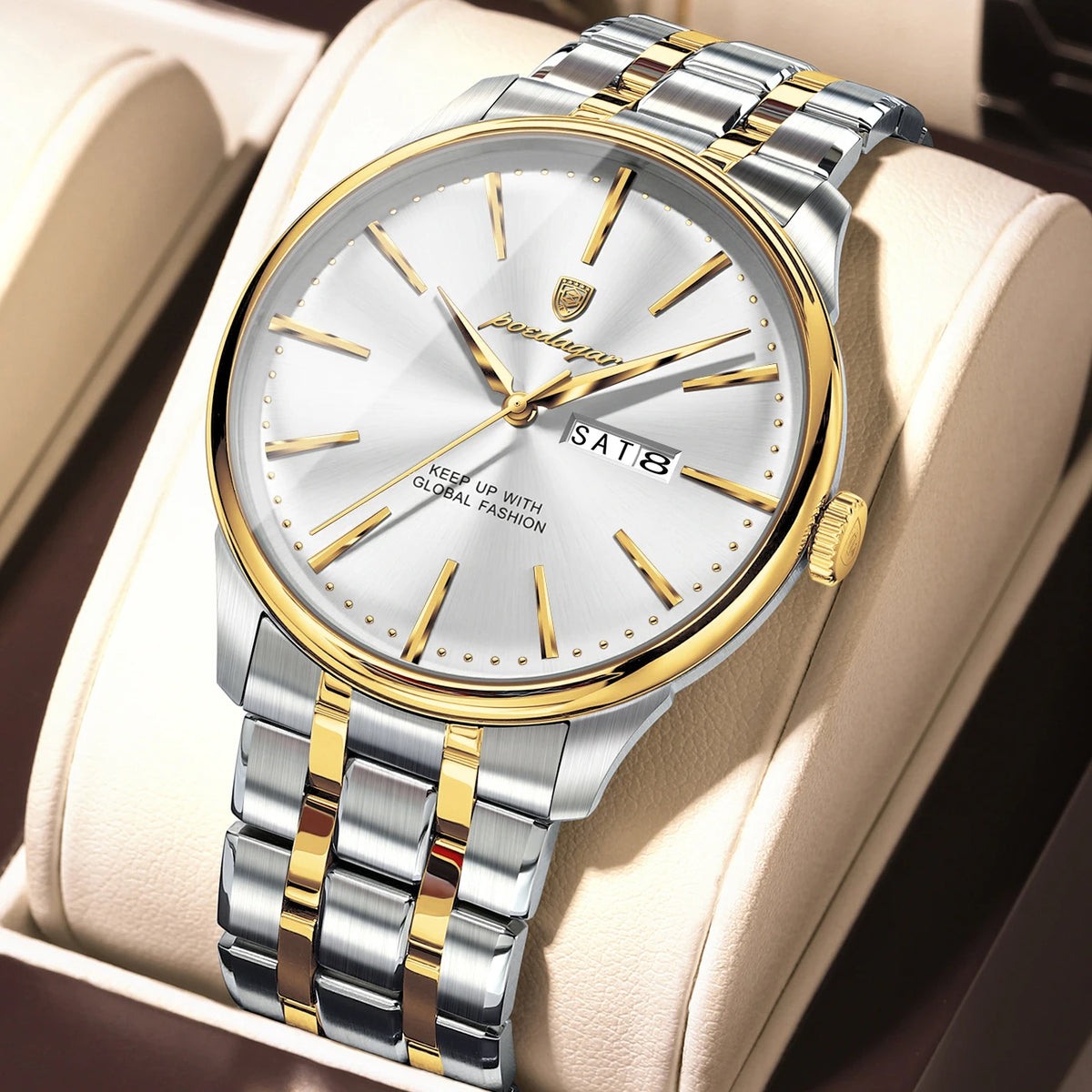 Reloj de cuarzo POEDAGAR para hombre, estilo ejecutivo, resistente al agua, de acero inoxidable, elegante, color dorado, con fecha y día