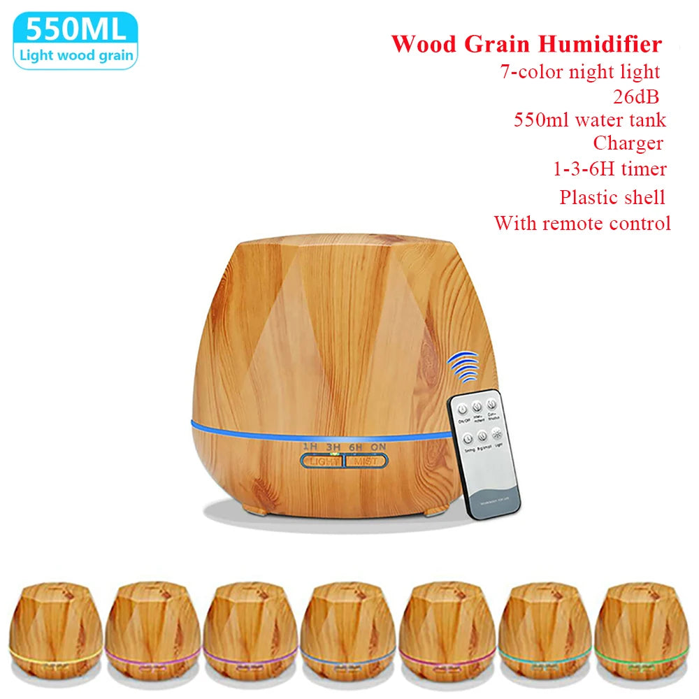 Humidificador de aceite esencial con Control remoto, difusor de Aroma ultrasónico con LED de 7 colores, 300ml, 500ml, para el hogar