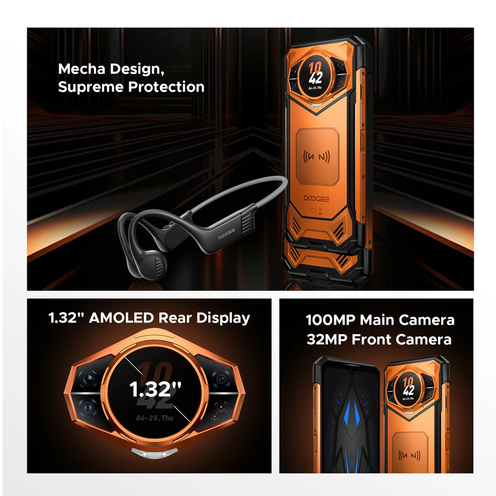 DOOGEE S200E AI Rugged Phone Android 16 1.32" AMOLED Rear Display 10100mAh Battery Dimensity 7050 48GB RAM(8+40) 256GB ROM NFC Google Pay Supports VIP Edition with Bone Conduction Running Headphones