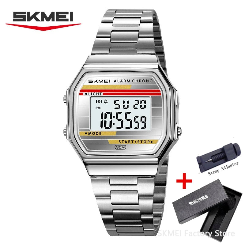SKMEI Stainless Steel Watch for Men LED Men's Digital Wristwatches Light Retro Square Gold Case Stopwatch Alarm Classic Reloj