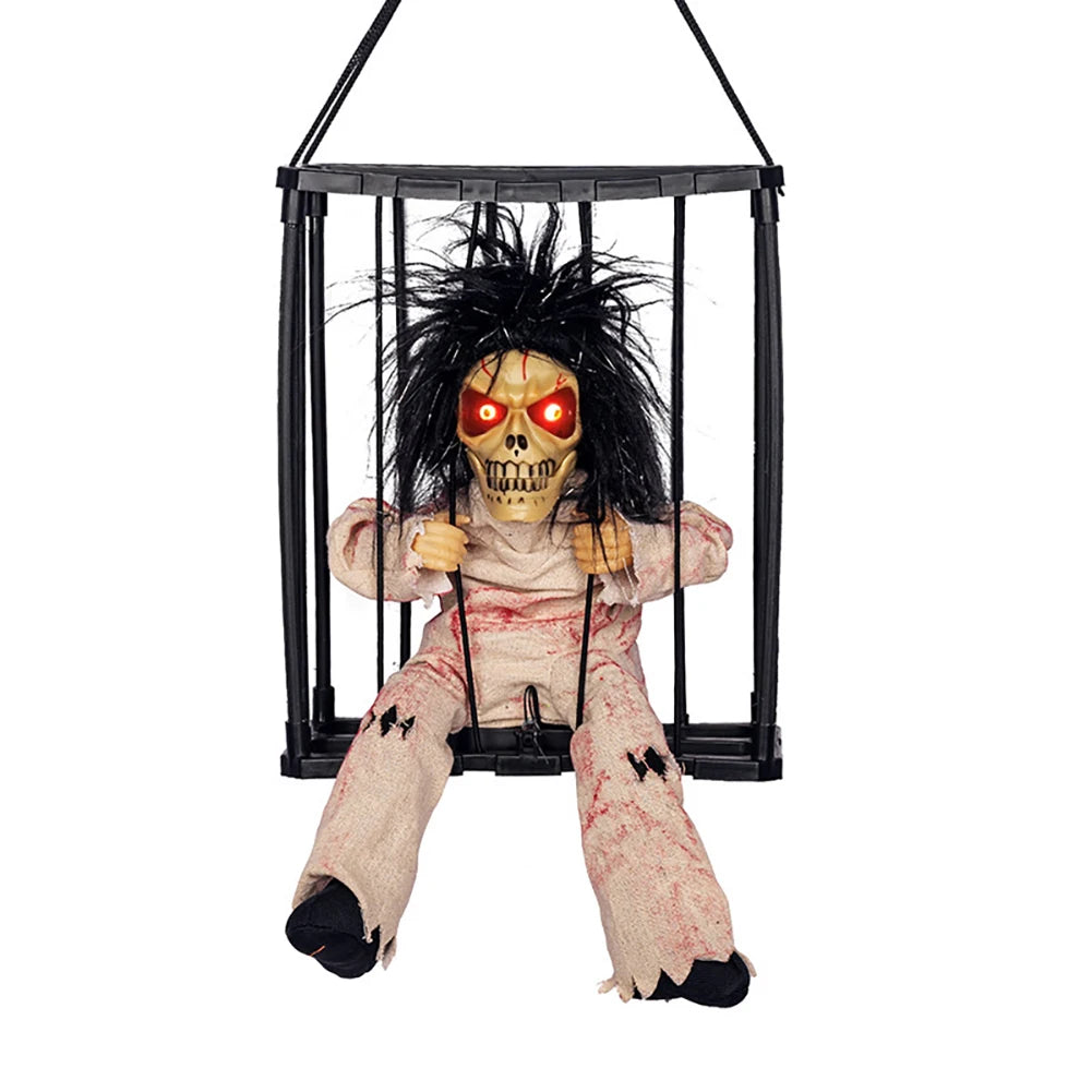 Juguete de fantasma colgante para Halloween, sensor de movimiento, ojos LED, fantasma en jaula de prisionero aterrador, funciona con pilas, activado por voz, gritos espeluznantes, decoración de zombi
