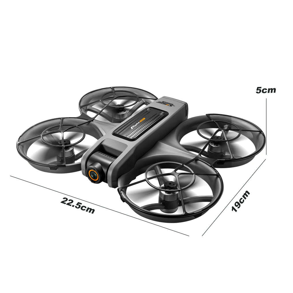 Drone RC de color gris oscuro con cuatro hélices y control remoto con pantalla.