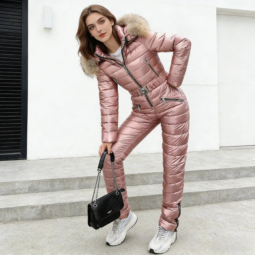 Traje de esquí de una pieza para mujer, grueso, de invierno, para nieve, con capucha, cálido, de algodón, ajustado, brillante, para deportes al aire libre