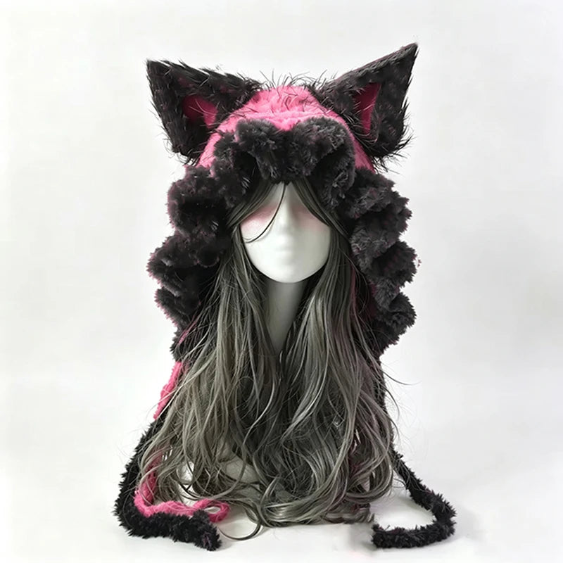 Gorro de Orejas de Zorro Rojo y Negro Tejido a Mano Personalizado para Mujer, Gorro de Punto Suave con Lazos Largos, Estilo Gótico Unisex, Accesorio Cálido de Invierno de Hada Oscura