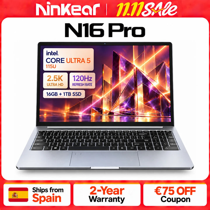 Ninkear N16 Pro AI Portátil 16 Pulgadas Pantalla 2.5K 120Hz Intel Core Ultra 5 115U 16GB RAM LPDDR5 1TB SSD Windows 11 NPU AI 11 TOPS WiFi 6 lector de huella para oficina estudio