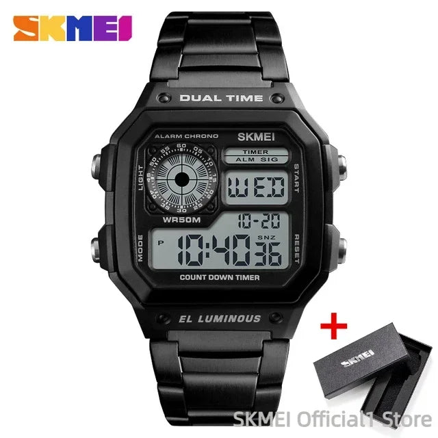 Reloj digital SKMEI 1335 para hombre, deportivo retro, resistente al agua, cronógrafo, reloj de pulsera electrónico, reloj de acero inoxidable para hombre