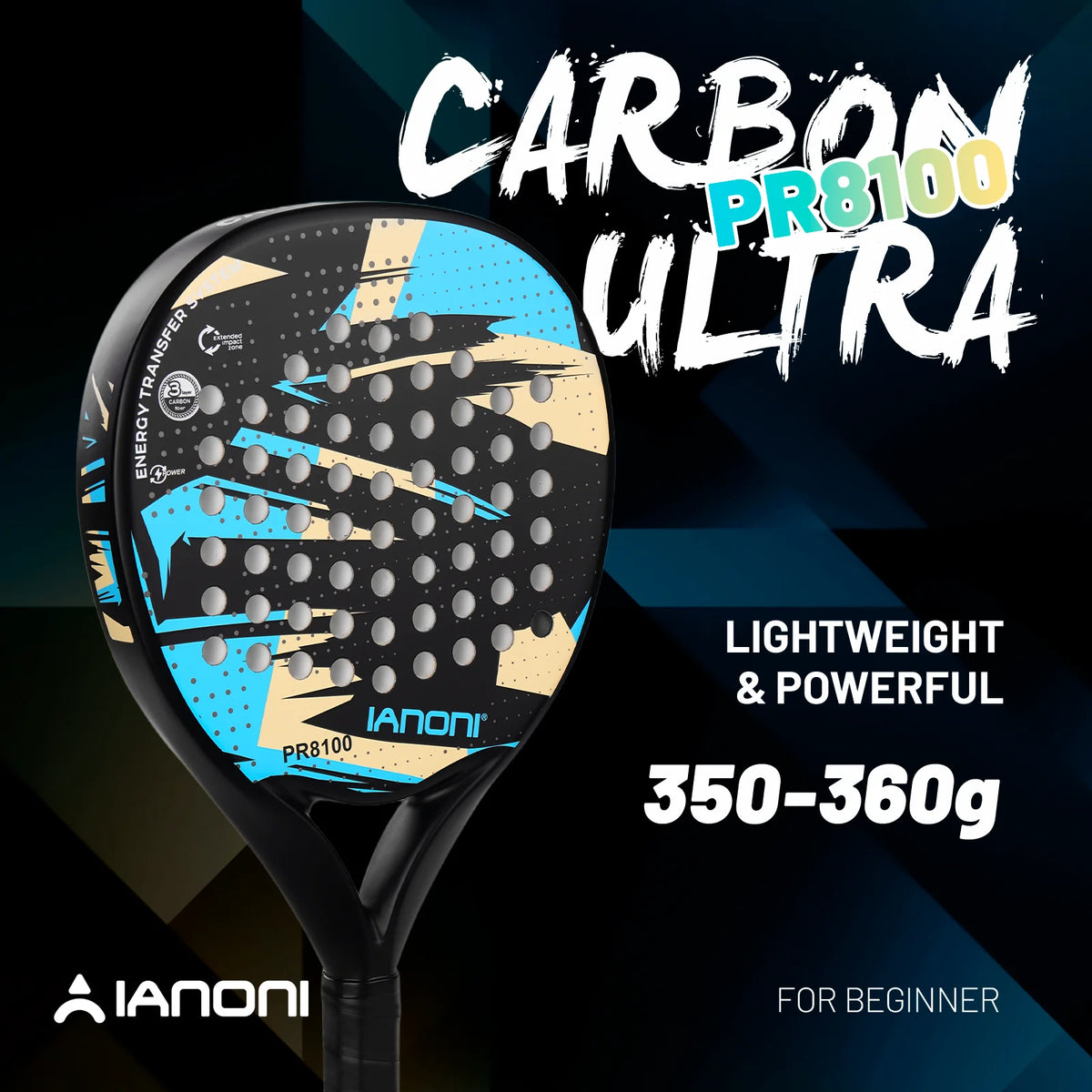Raqueta de Pádel IANONI 8100 Azul Cielo, Superficie de Fibra de Carbono con Núcleo de Espuma EVA Memory Flex, Raqueta de Pádel Ligera