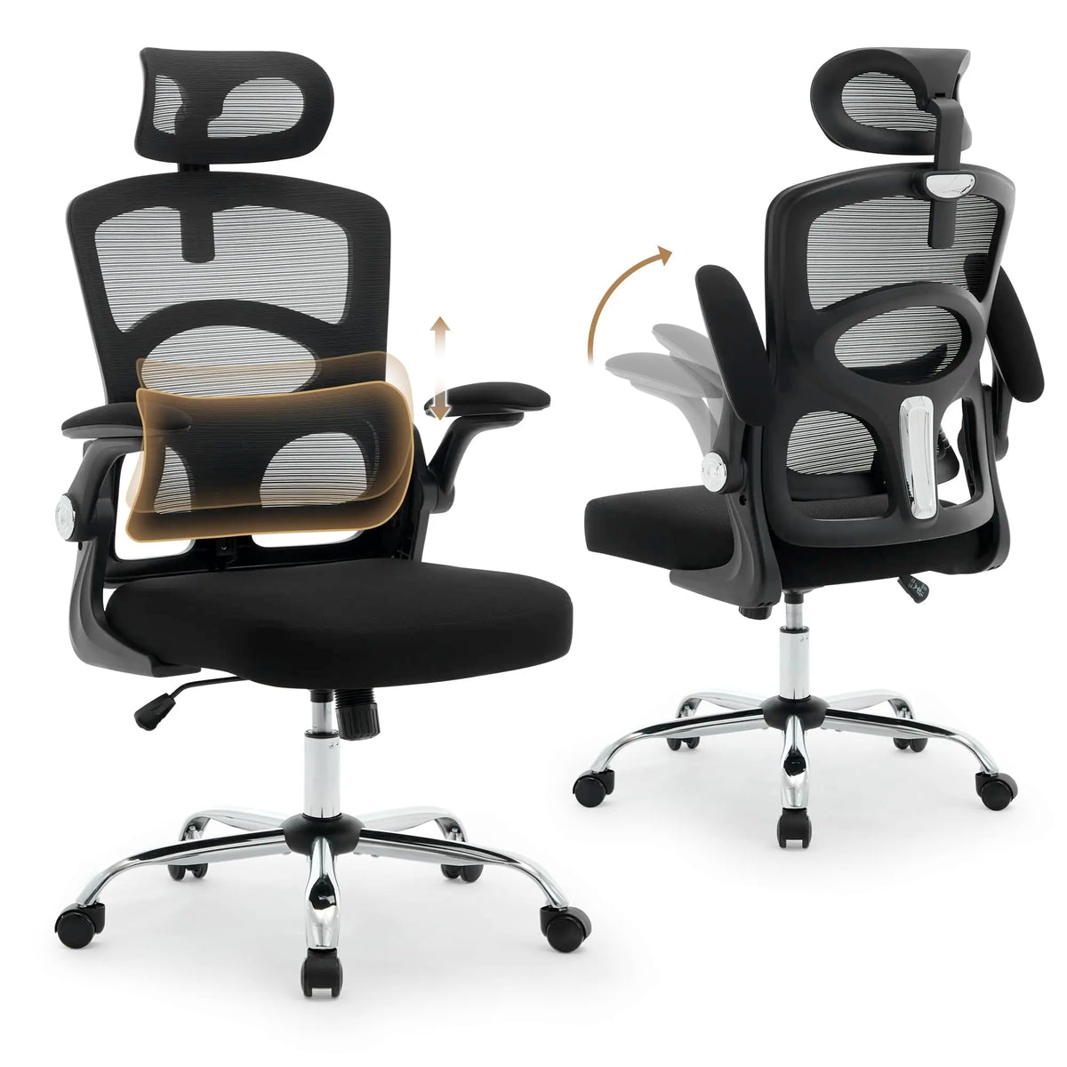 Silla ergonómica de malla negra con reposacabezas y reposabrazos, base con ruedas.