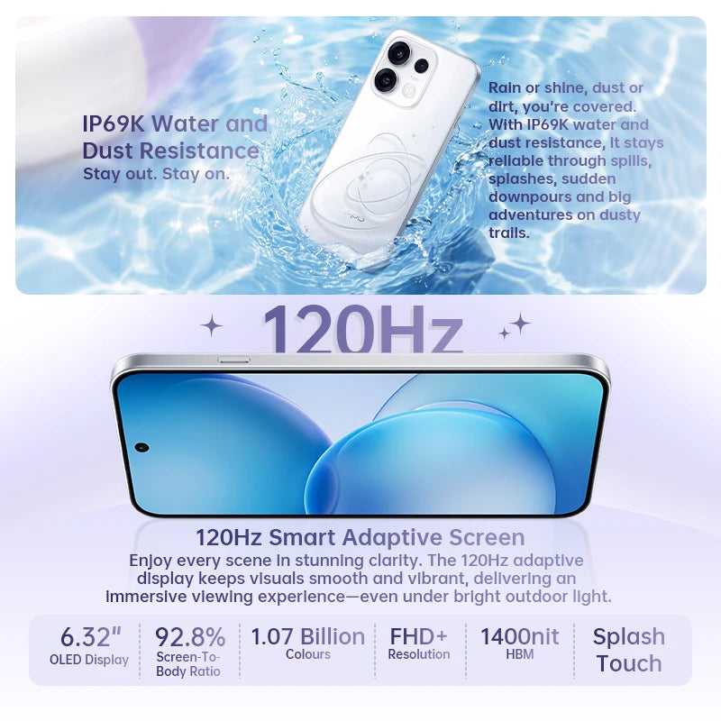 Smartphone - OPPO Reno16 F 5G 8GB+256GB espec. UE AI Remix Collage Cámara selfie ultra gran angular de 50 MP ColorOS 16.0 Batería de 6500 mAh
