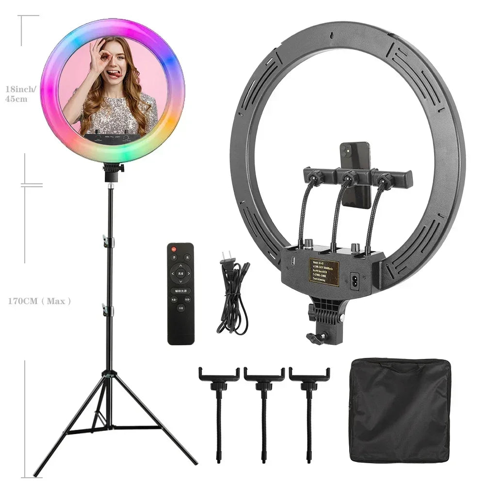 Anillo de Luz LED RGB para Selfies con Trípode, 11 Estilos, 18 Pulgadas (45 cm), Recargable por USB, Regulable, para Estudio Fotográfico