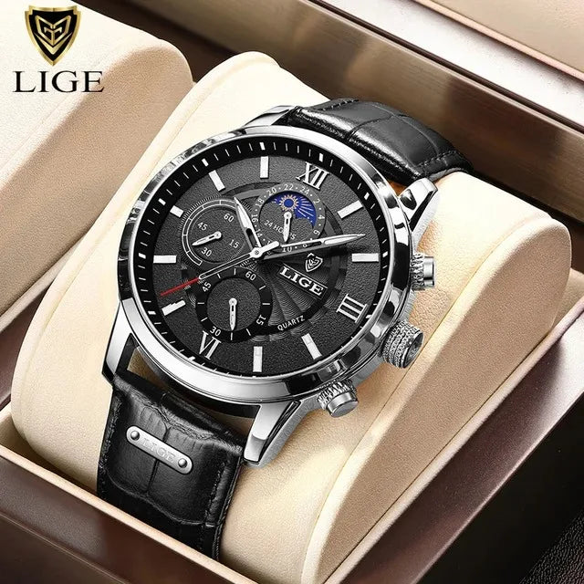 Relojes de moda para hombre LIGE, marca de lujo, reloj de cuarzo informal con correa de piel, reloj deportivo impermeable para hombre, Relogios Masculino + caja