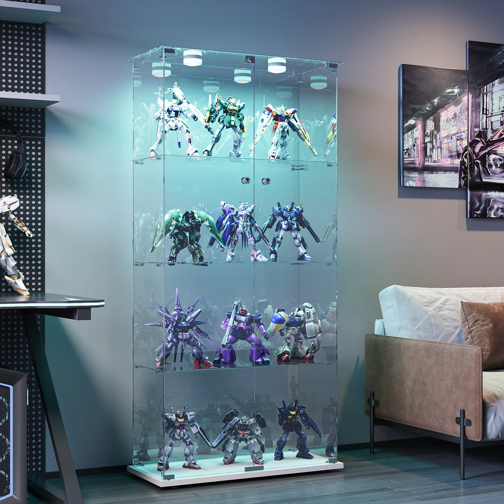 Vitrina de cristal con luces LED, vitrina de exhibición con 4 estantes de cristal y puertas con cerradura, vitrina moderna para coleccionables, libros, figuras, sala de estar, 163 X 80.6 X 36.5 CM