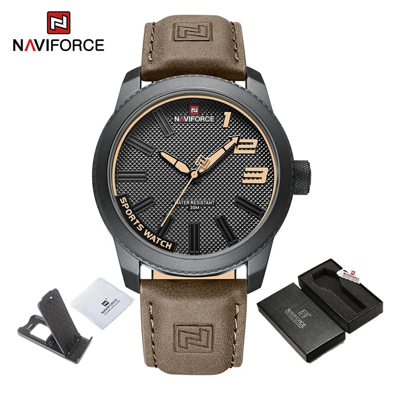 Reloj deportivo NAVIFORCE para hombre, estilo militar, resistente al agua 30 m, correa de piel, reloj de pulsera para caballero, informal y de lujo, Reloj Hombre