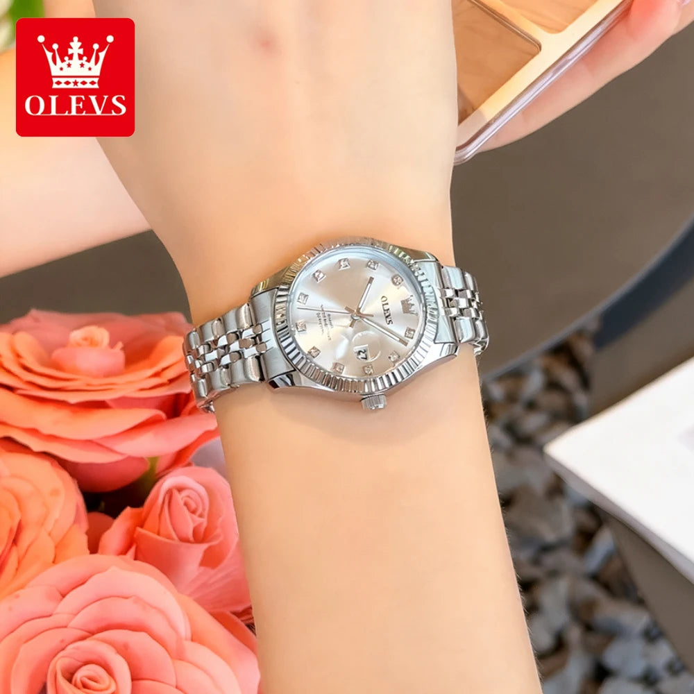 OLEVS Women's Watches Trend Fashion Silver Stainless Steel Original Brand Wristwatch Big Date Texture Threaded Bezel Waterproof