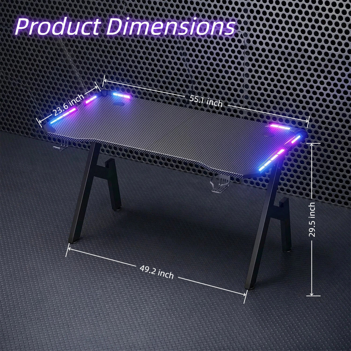 Escritorio gamer con medidas: 55.1" x 49.2" y altura 29.5"
