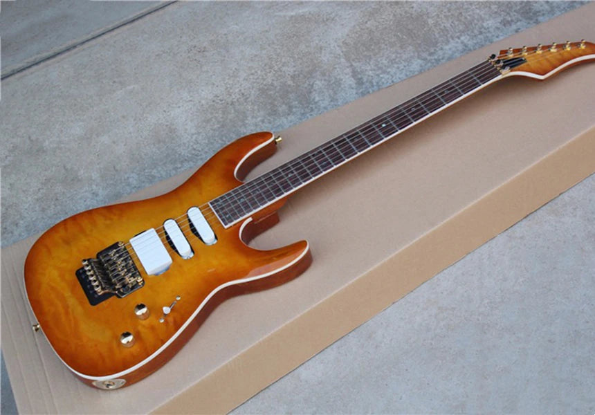 Guitarra eléctrica naranja acolchada de chapa de arce con puente trémolo, herrajes dorados, oferta personalizada