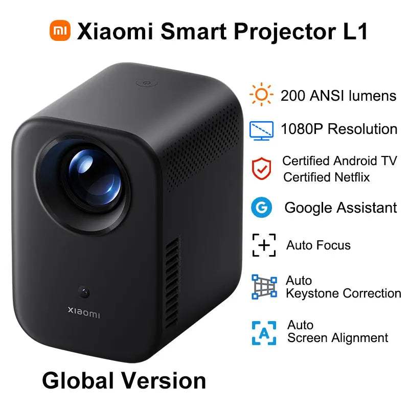 Proyector inteligente Xiaomi L1 Pro, Google TV 400 lúmenes ISO, resolución física 1080p, enfoque automático y corrección automática de la clave, Audio Dolby