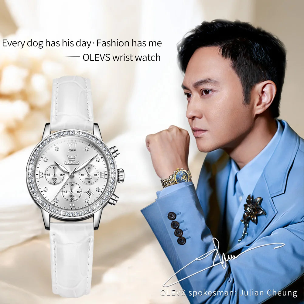 Reloj para mujer OLEVS 9933, marca de lujo, reloj de pulsera de cuarzo con diamantes, resistente al agua, luminoso, correa de cuero, reloj multifunción para dama