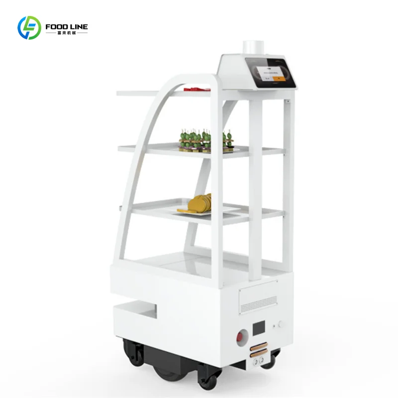 Robot de catering blanco con estante, pantalla superior y ruedas inferiores
