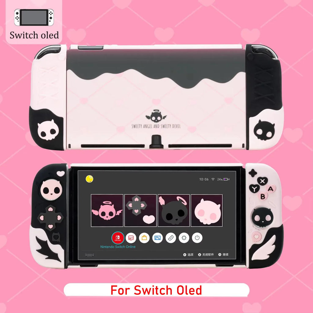 Sweety Angel Devil funda trasera dura Protector de carcasa para Nintendo Switch 2/NS Oled Thumb Stick Grip Cap botones cubierta completa de silicona