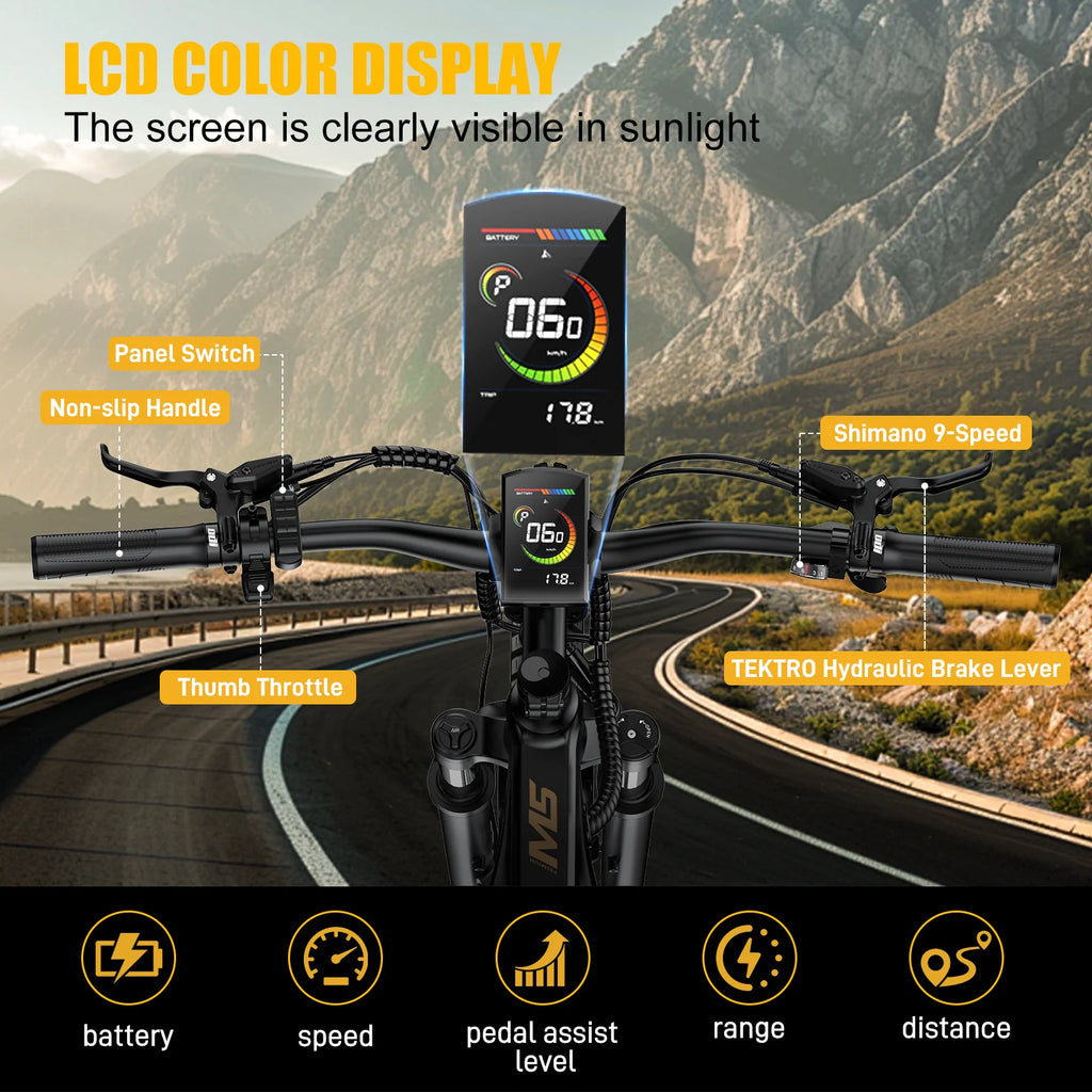 Bicicleta eléctrica Vitilan M5 de 1000W, 48V 15Ah, sensor de par de 90-100Nm, neumáticos de 27.5*2.8 pulgadas, cuadro de aluminio, 9 velocidades, para viajes al aire libre, adultos