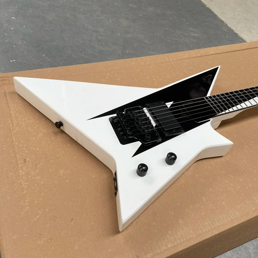 Guitarra eléctrica personalizada blanca de 6 cuerdas con pastillas de doble bobina y herrajes negros. Guitarra suave y fácil de tocar