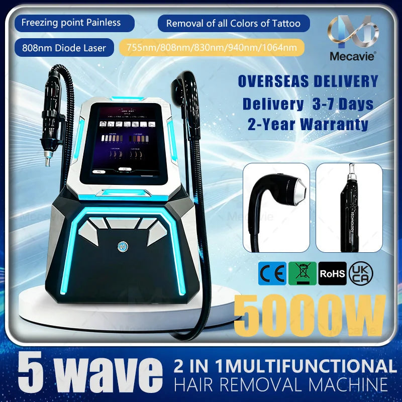 Máquina de belleza 2 en 1 con 5 longitudes de onda y 16 barras de diodo para depilación láser de hielo, eliminación de pigmentos de tatuajes, tratamiento de cejas y exfoliación con carbón, ideal para salones de belleza.