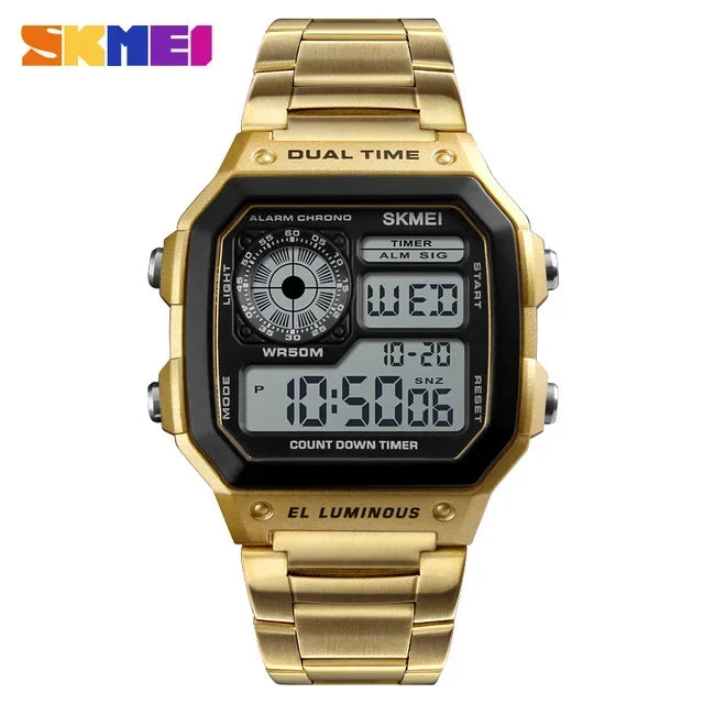 Reloj digital SKMEI 1335 para hombre, deportivo retro, resistente al agua, cronógrafo, reloj de pulsera electrónico, reloj de acero inoxidable para hombre