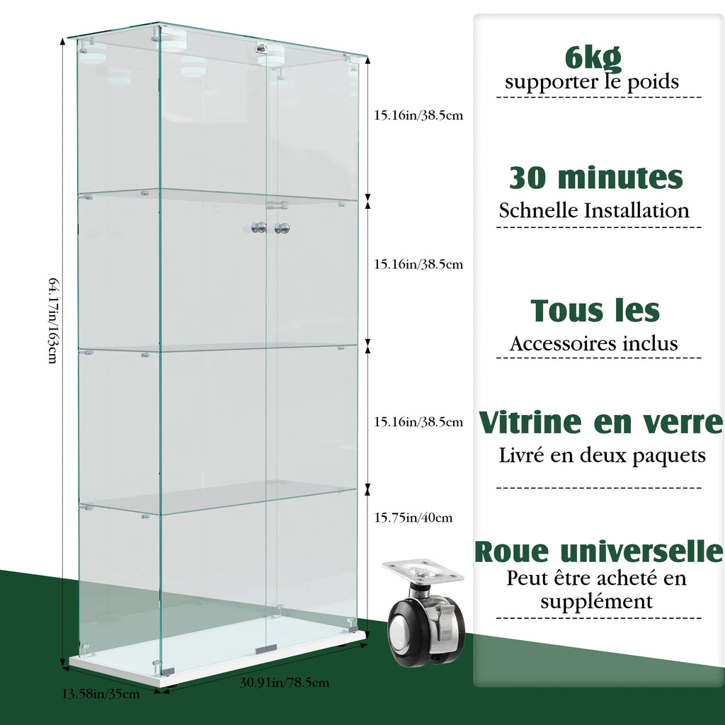 Vitrina de cristal con luces LED, vitrina de exhibición con 4 estantes de cristal y puertas con cerradura, vitrina moderna para coleccionables, libros, figuras, sala de estar, 163 X 80.6 X 36.5 CM
