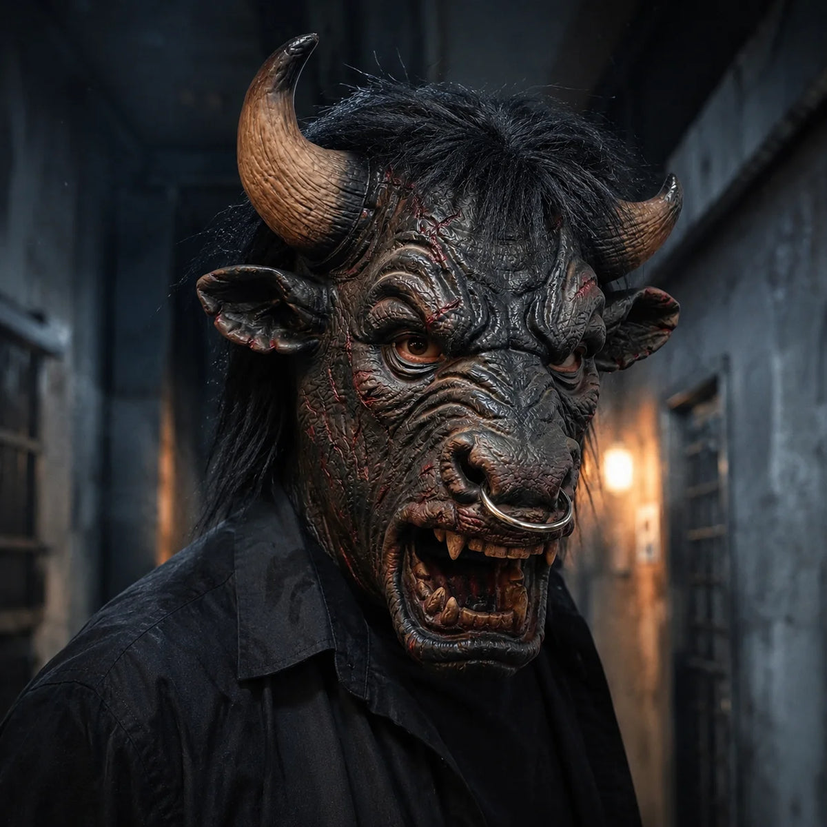 Máscara de Toro Aterradora con Cuernos, Anillo Nasal, Colmillos y Pelo Negro para Disfraz de Halloween, Cosplay, Fiesta, Accesorio de Cabeza de Animal