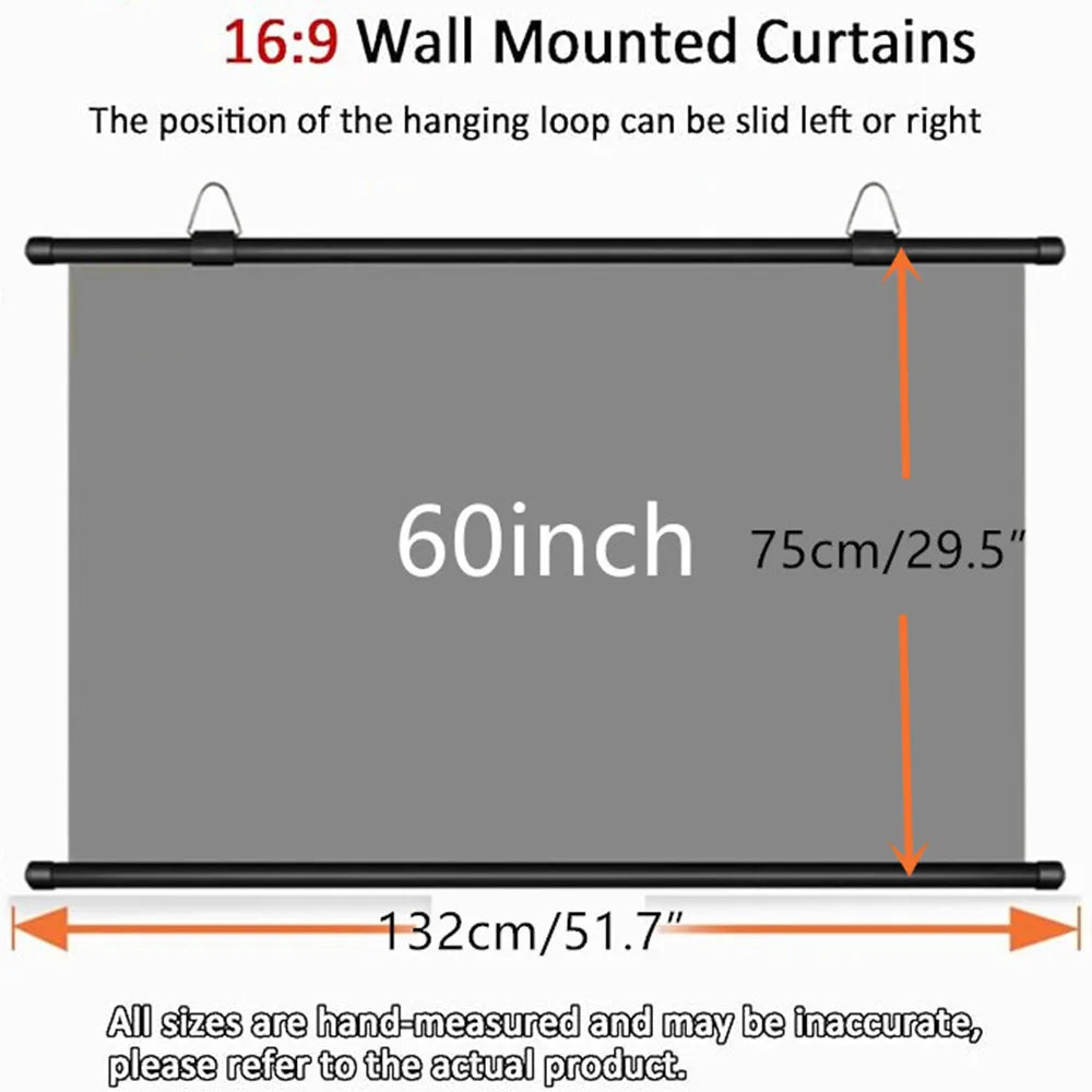 Pantalla de proyector gris montada en pared, tela reflectante, 132×75 cm