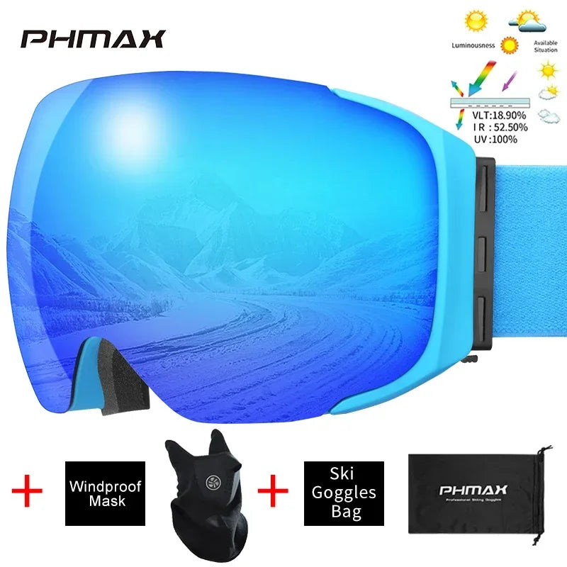 PHMAX-Gafas de esquí UV400 para hombre y mujer, lentes magnéticas antivaho para deportes al aire libre, montaña, Snowboard, gafas de nieve grandes con máscara